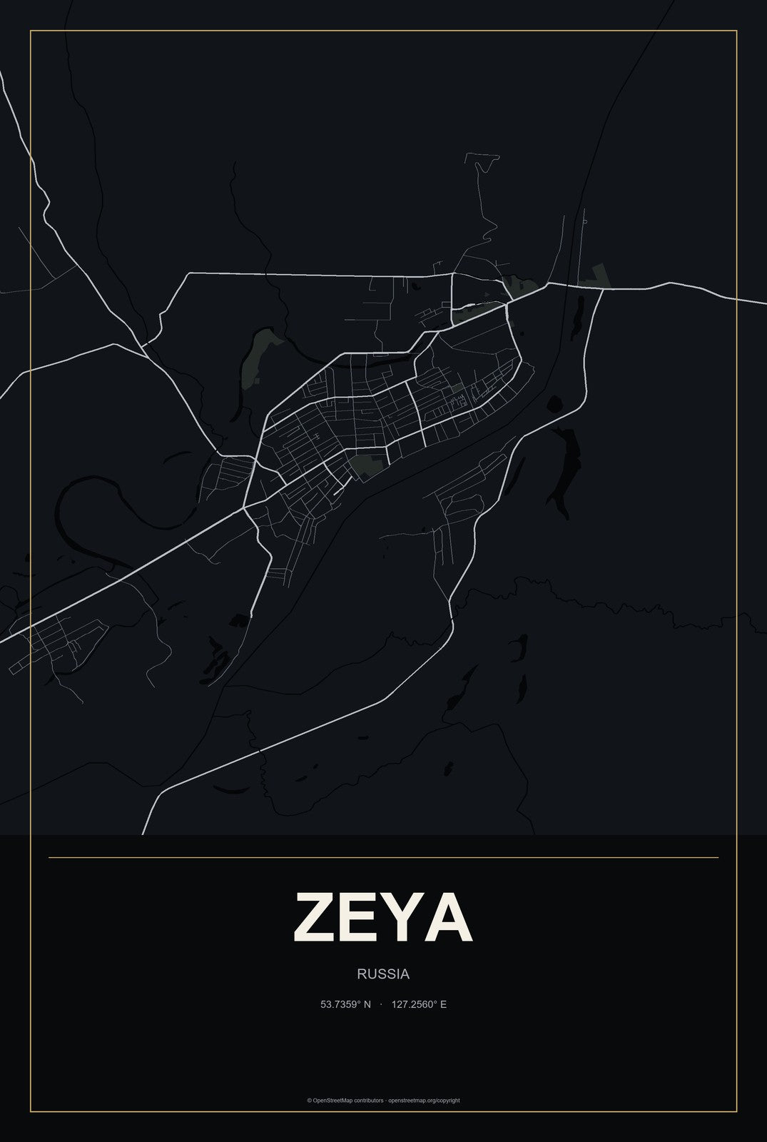 Zeya, Russia City Map Aluminum Sign in Metropolitan Noir style