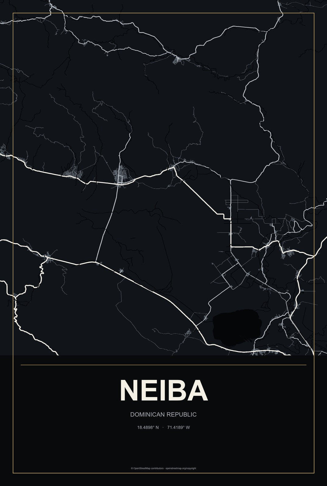 Neiba, Dominican Republic City Map Aluminum Sign in Metropolitan Noir style