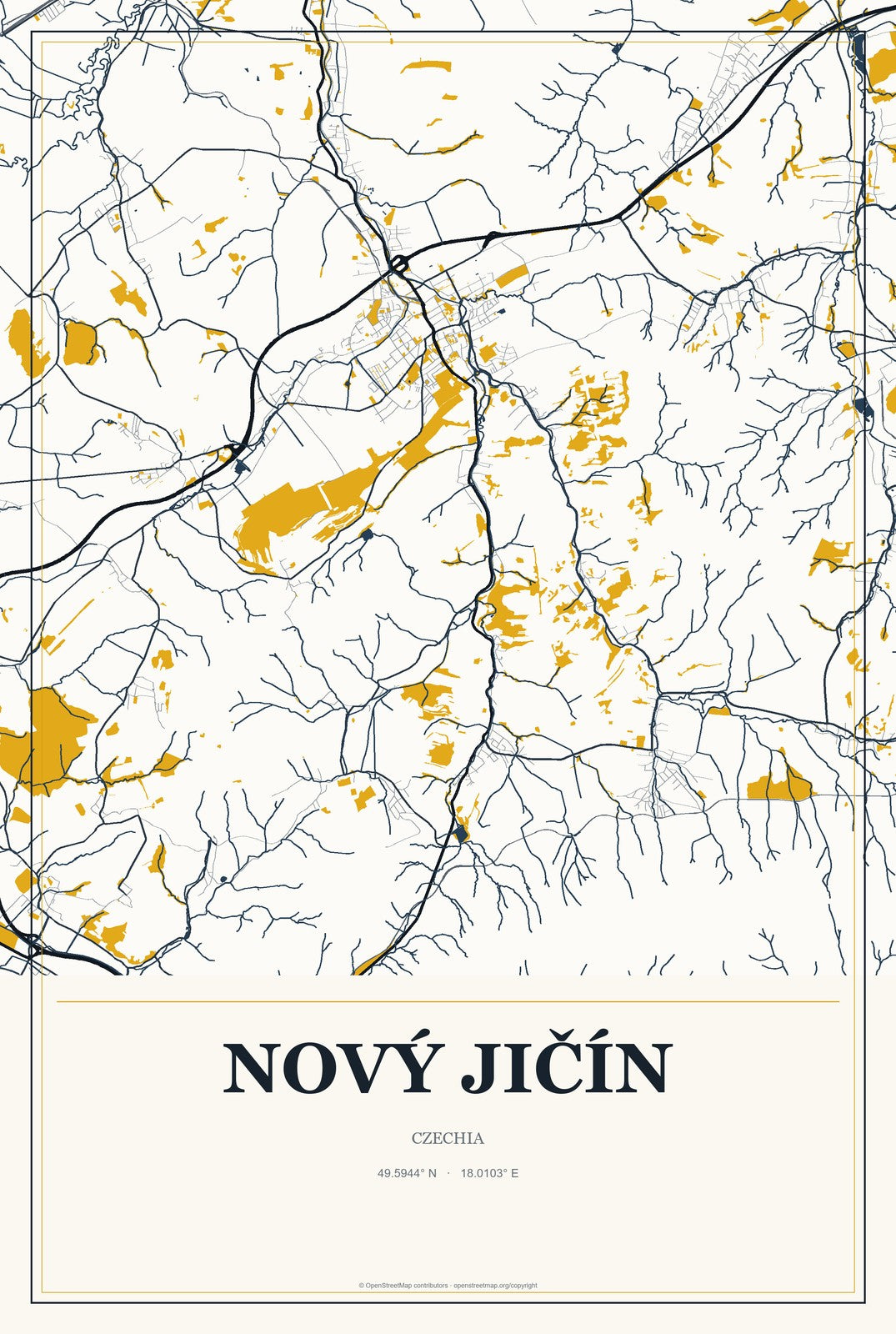 Nový Jičín, Czechia City Map Aluminum Sign in Citrine Modern style