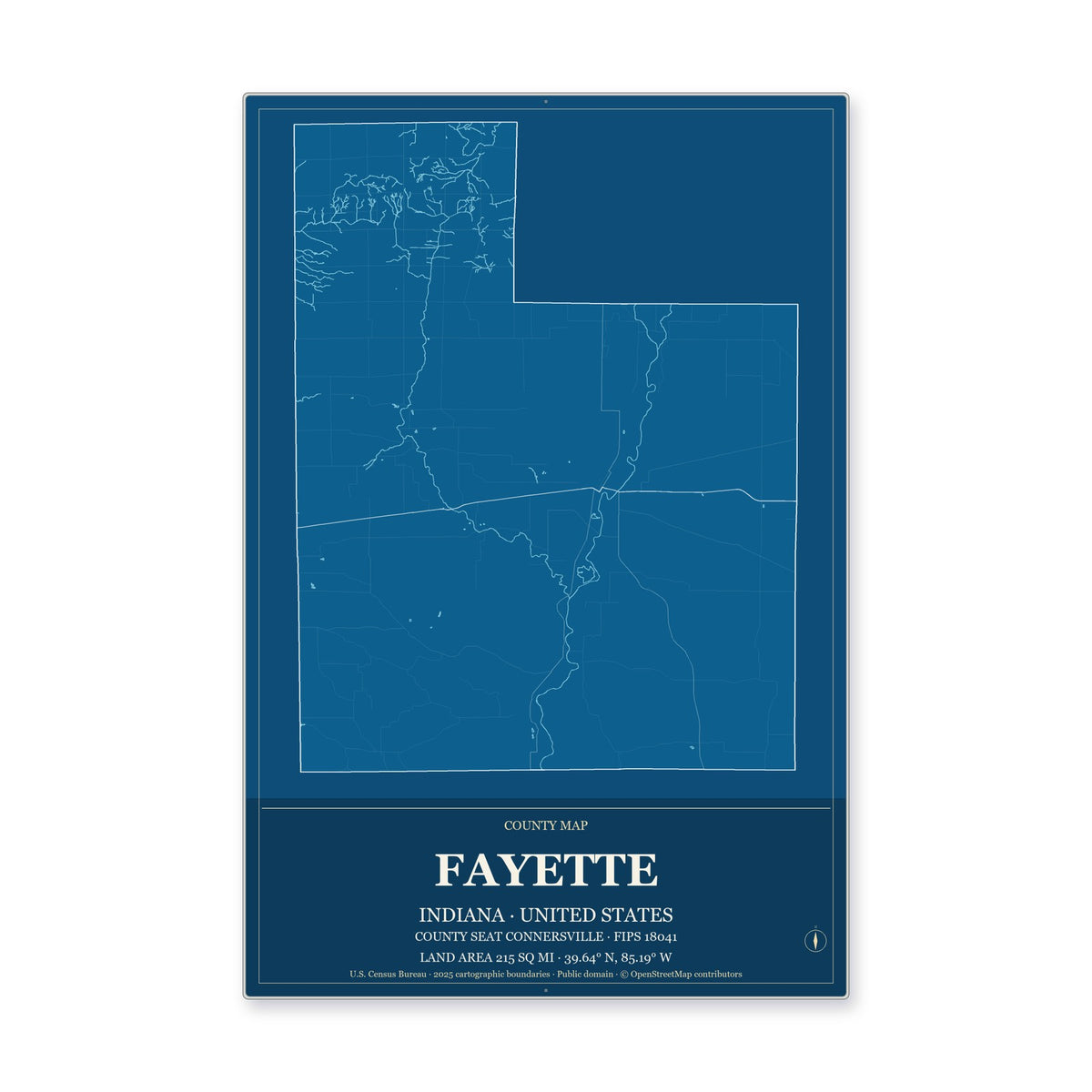 Fayette County, Indiana Map Aluminum Sign in Harbor Cobalt style