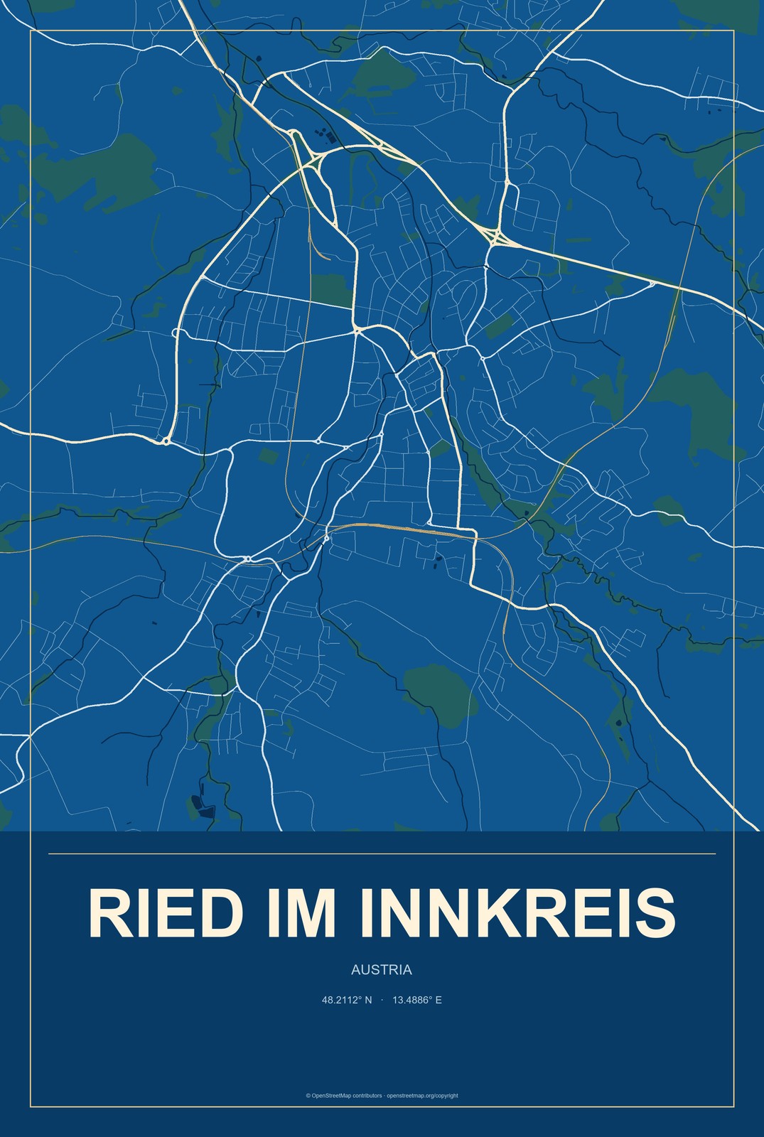 Ried im Innkreis, Austria City Map Aluminum Sign in Harbor Cobalt style