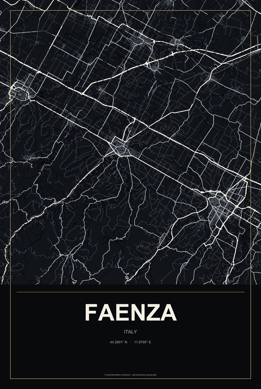 Faenza, Italy City Map Aluminum Sign in Metropolitan Noir style