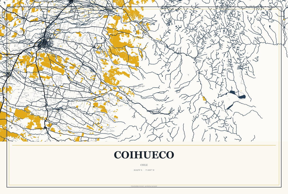 Coihueco, Chile City Map Aluminum Sign in Citrine Modern style