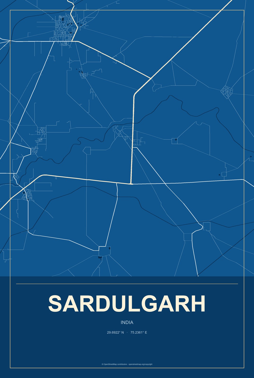 Sardulgarh, India City Map Aluminum Sign in Harbor Cobalt style
