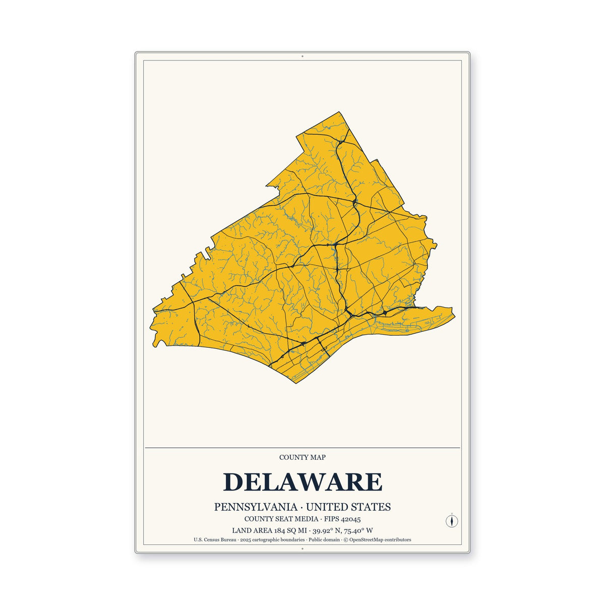 Delaware County, Pennsylvania Map Aluminum Sign in Citrine Modern style