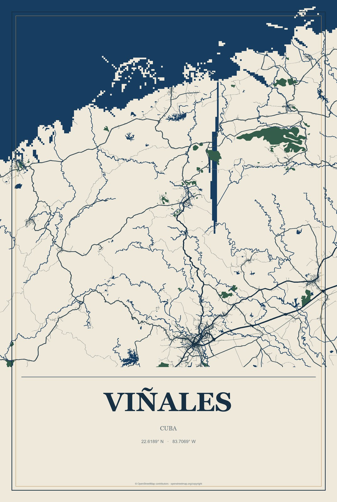 Viñales, Cuba City Map Aluminum Sign in Coastal Cutout style