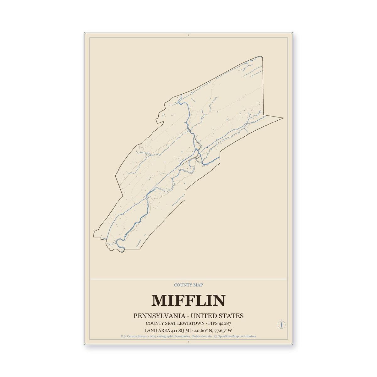 Mifflin County, Pennsylvania Map Aluminum Sign in Heritage Nautical style