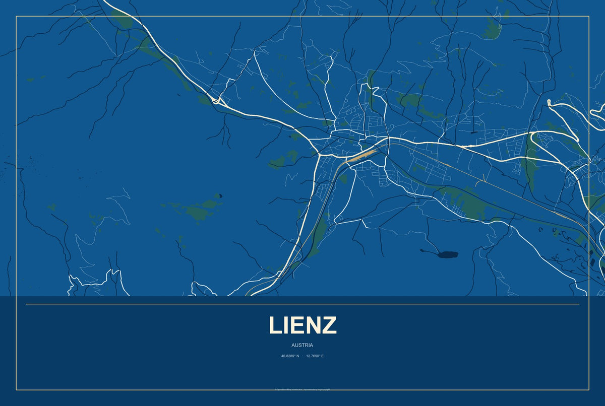 Lienz, Austria City Map Aluminum Sign in Harbor Cobalt style