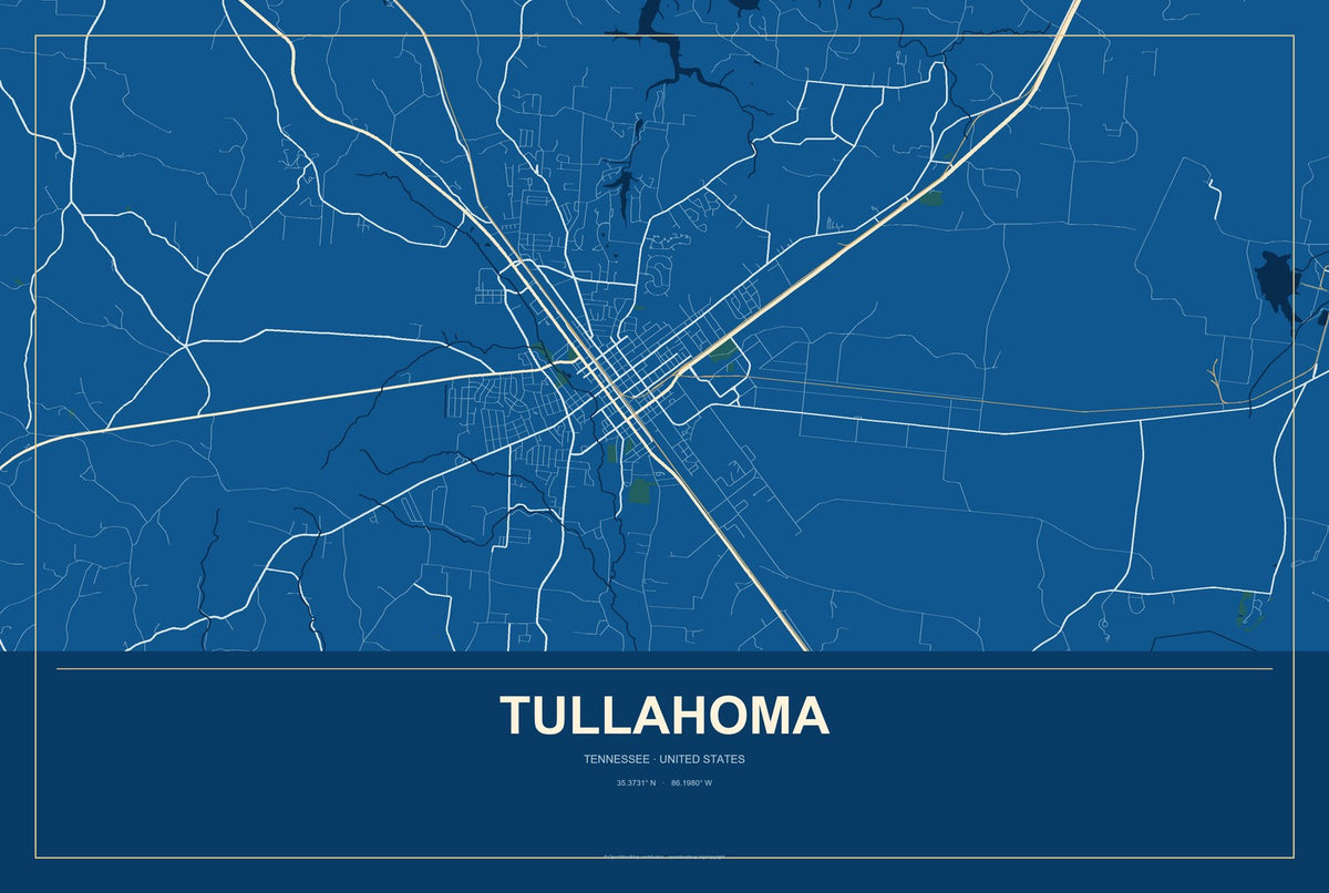 Tullahoma, Tennessee City Map Aluminum Sign in Harbor Cobalt style