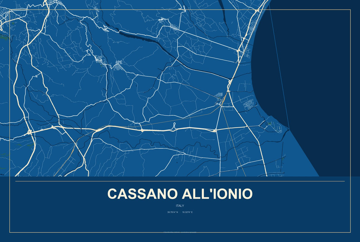 Cassano All'Ionio, Italy City Map Aluminum Sign in Harbor Cobalt style