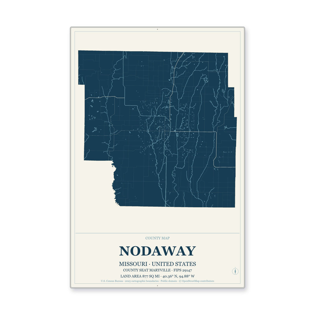 Nodaway County, Missouri Map Aluminum Sign in Coastal Cutout style