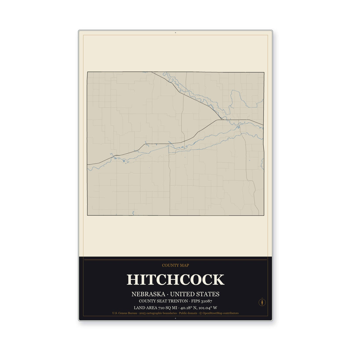 Hitchcock County, Nebraska Map Aluminum Sign in Museum Plaque style