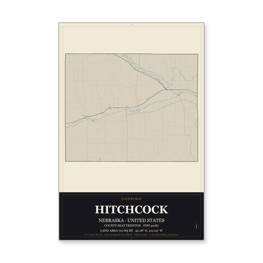 Hitchcock County, Nebraska Map Aluminum Sign in Museum Plaque style
