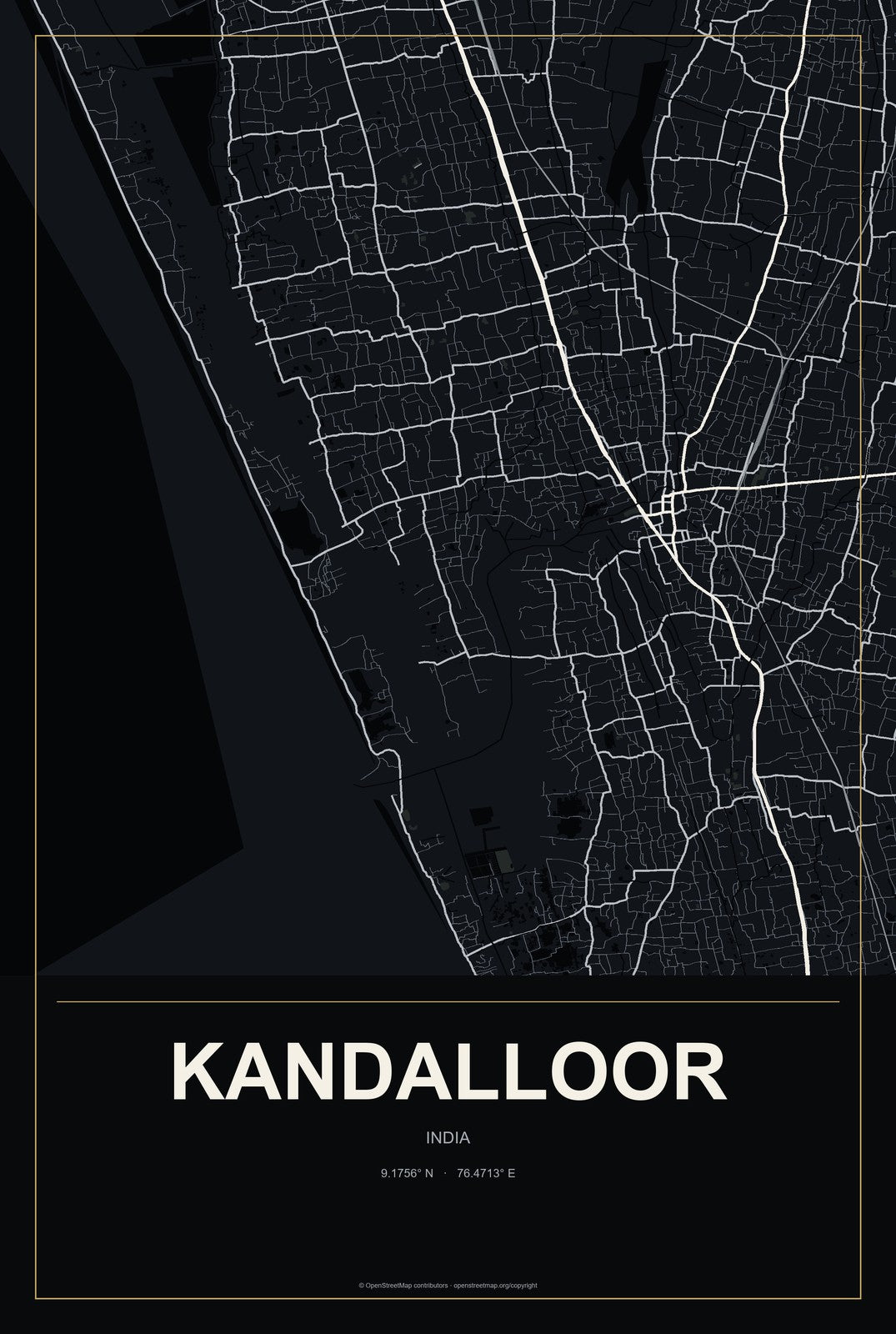 Kandalloor, India City Map Aluminum Sign in Metropolitan Noir style