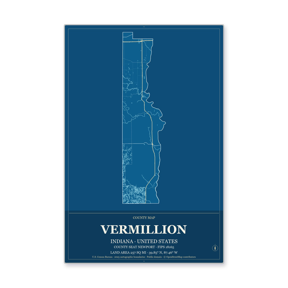 Vermillion County, Indiana Map Aluminum Sign in Harbor Cobalt style