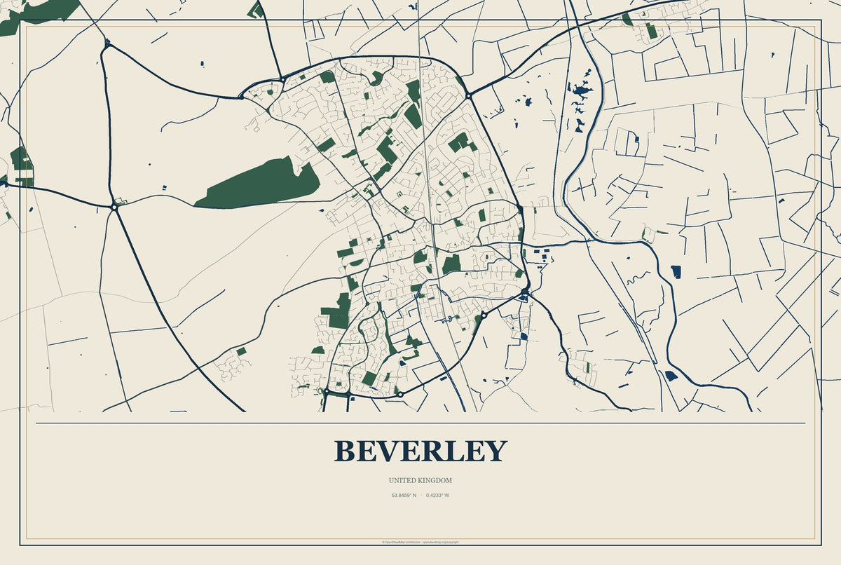 Beverley, United Kingdom City Map Aluminum Sign in Coastal Cutout style