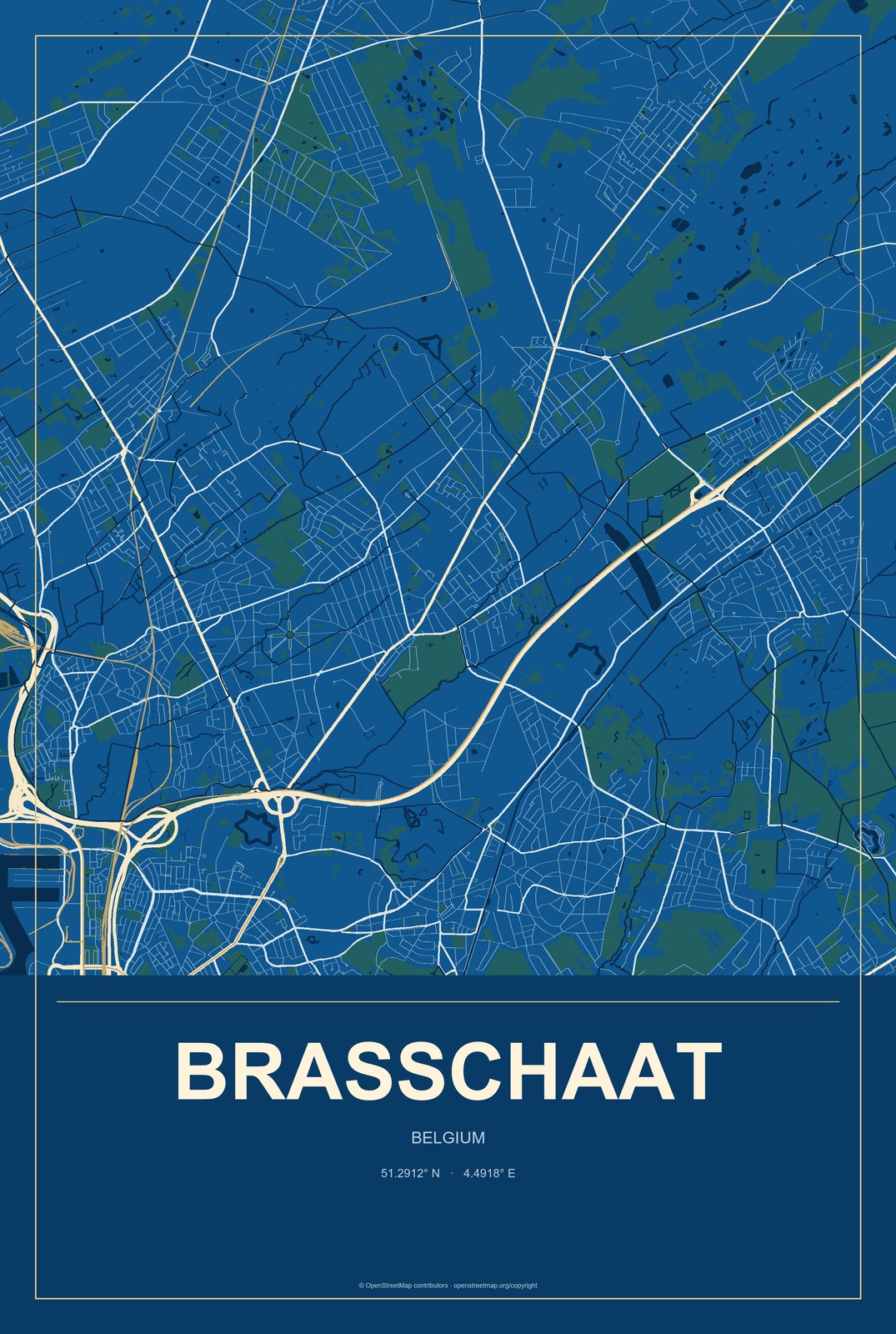 Brasschaat, Belgium City Map Aluminum Sign in Harbor Cobalt style