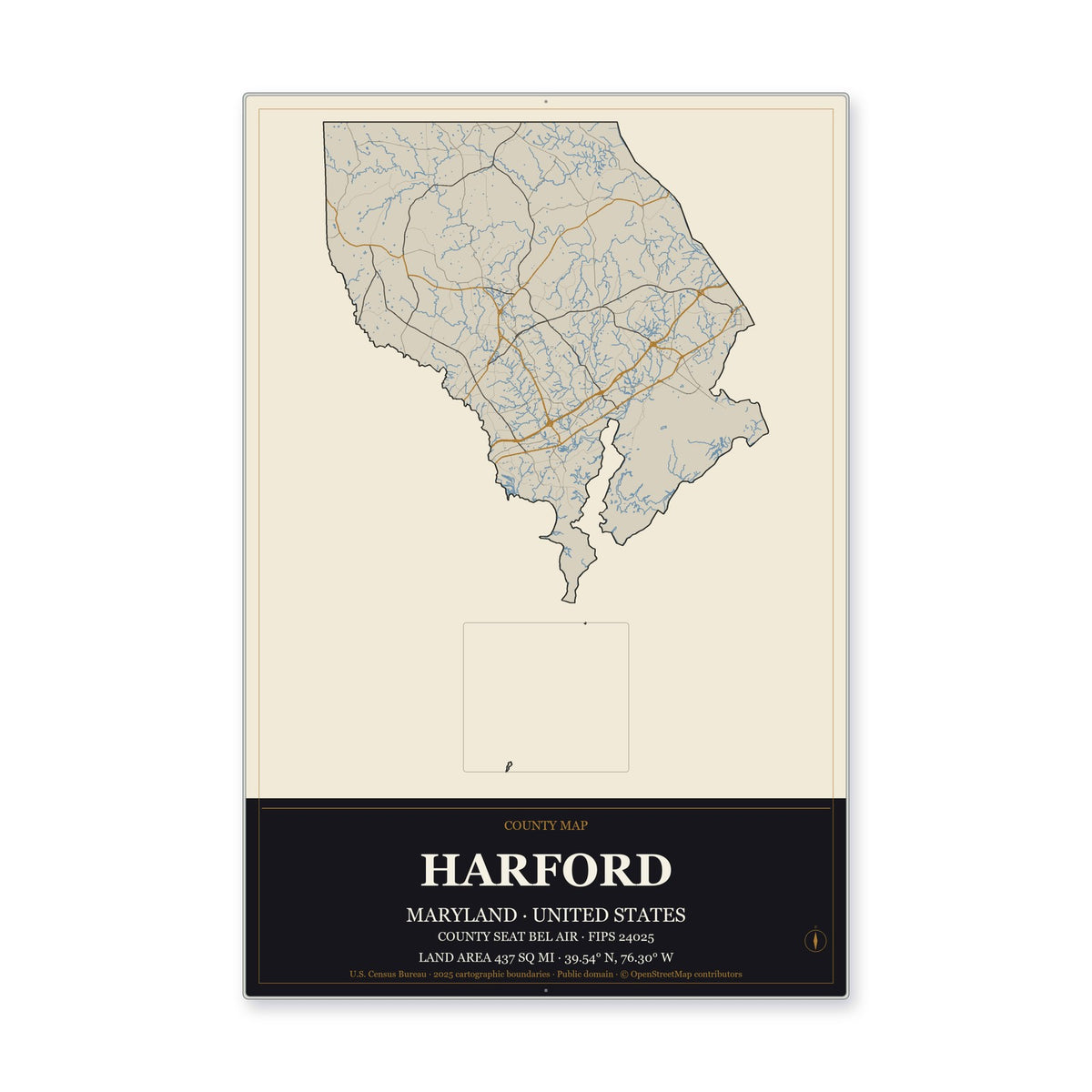 Harford County, Maryland Map Aluminum Sign in Museum Plaque style