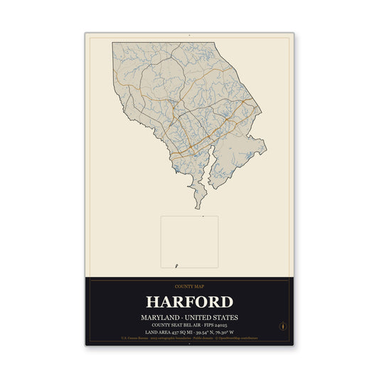 Harford County, Maryland Map Aluminum Sign in Museum Plaque style