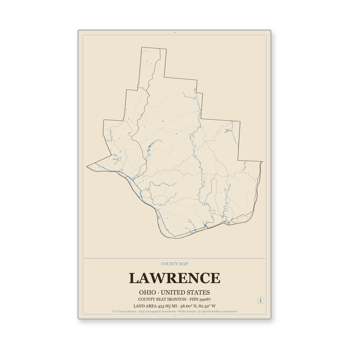 Lawrence County, Ohio Map Aluminum Sign in Heritage Nautical style