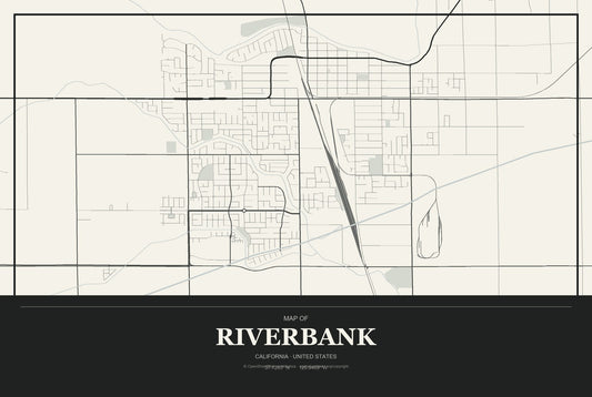 Riverbank, California City Map Aluminum Sign in Museum Plaque style