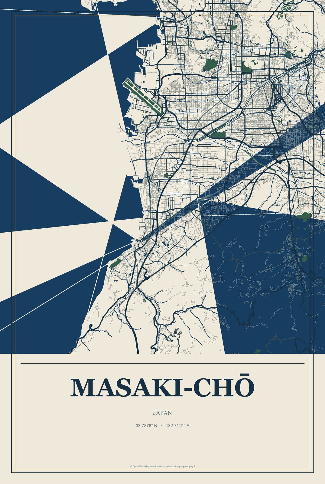 Masaki-chō, Japan City Map Aluminum Sign in Coastal Cutout style
