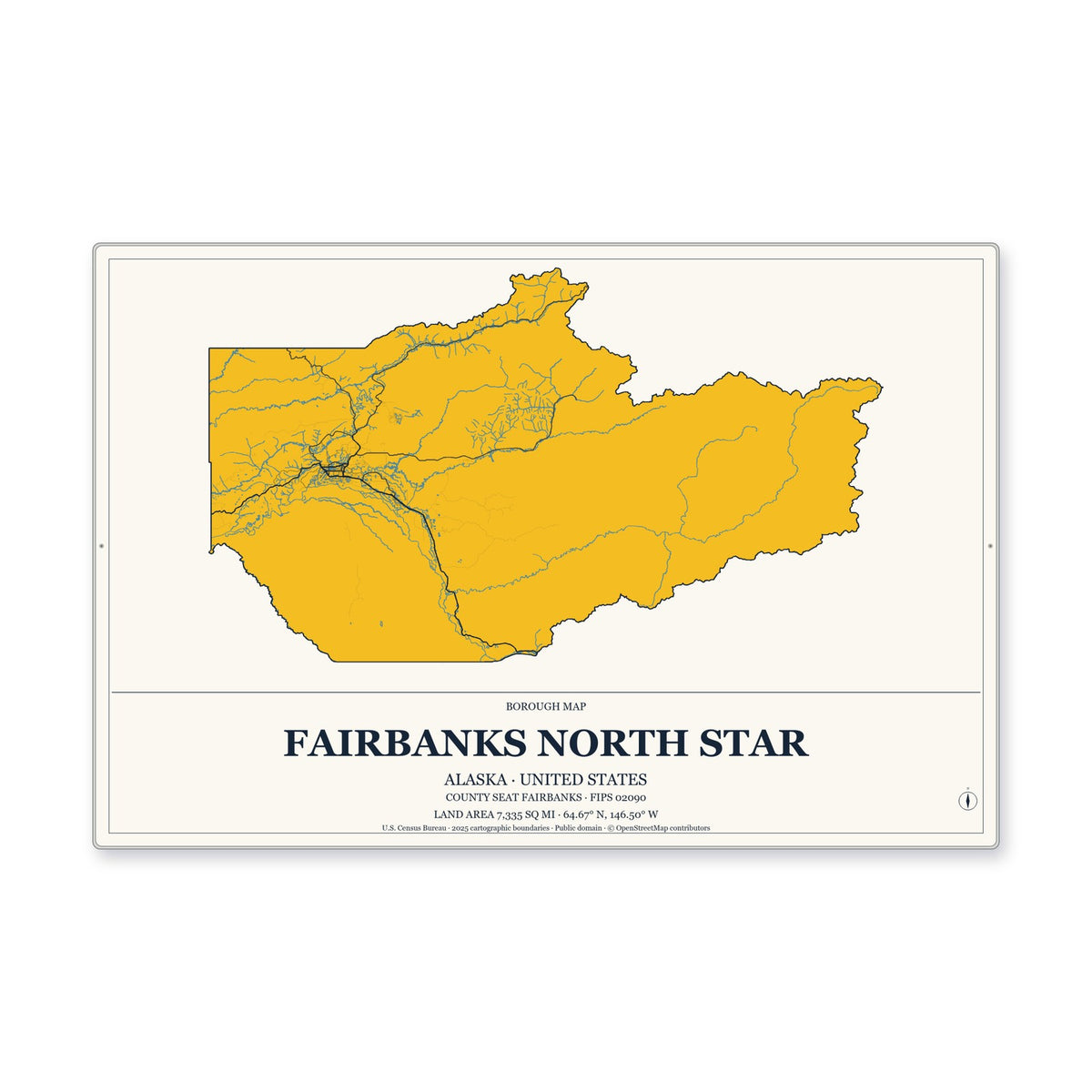 Fairbanks North Star Borough, Alaska Map Aluminum Sign in Citrine Modern style