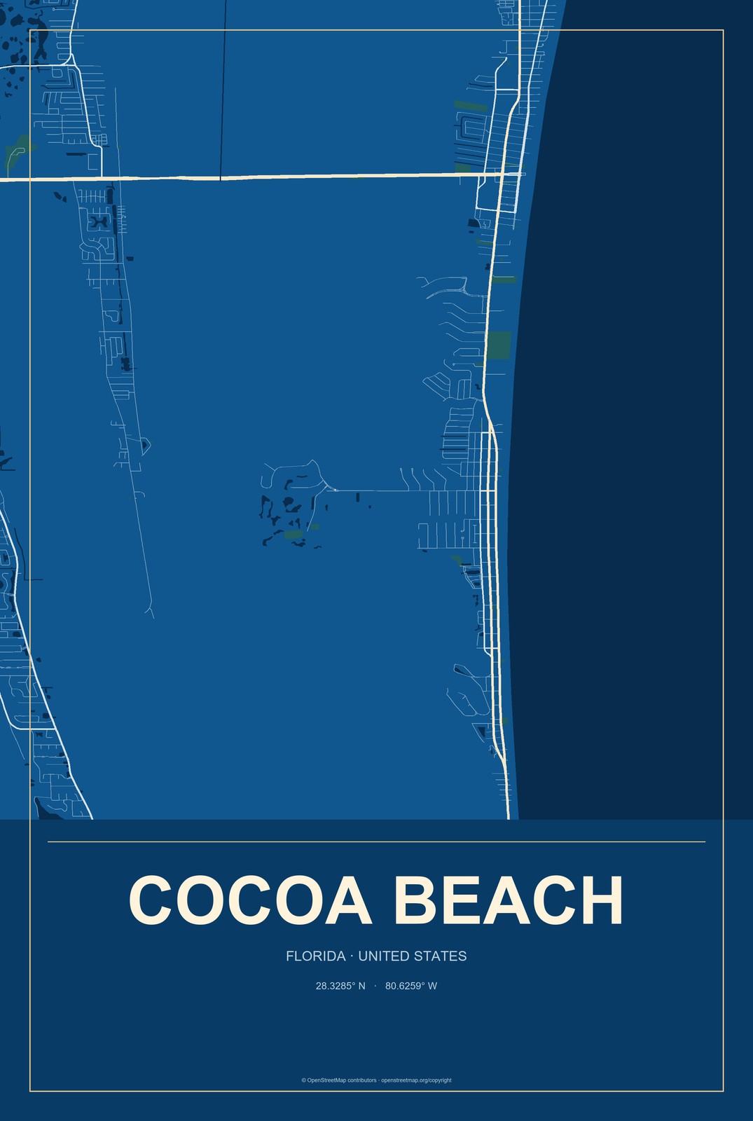 Cocoa Beach, Florida City Map Aluminum Sign in Harbor Cobalt style