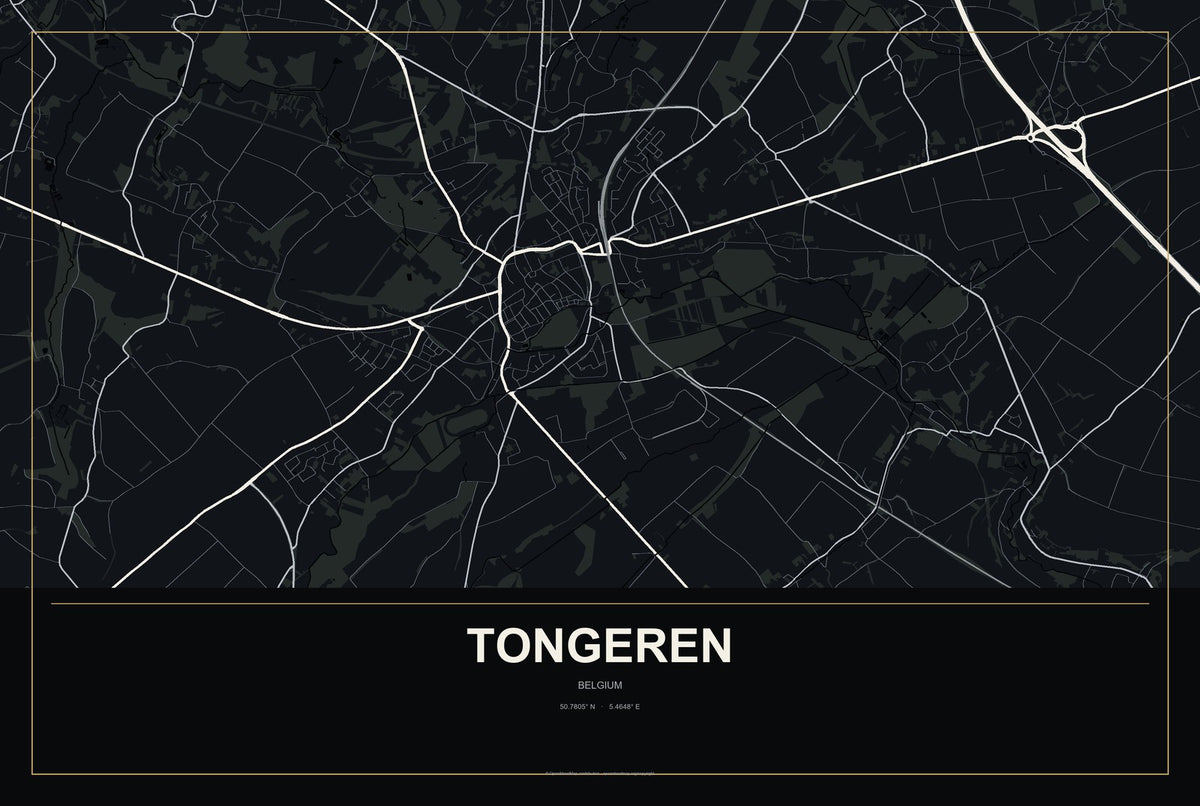 Tongeren, Belgium City Map Aluminum Sign in Metropolitan Noir style