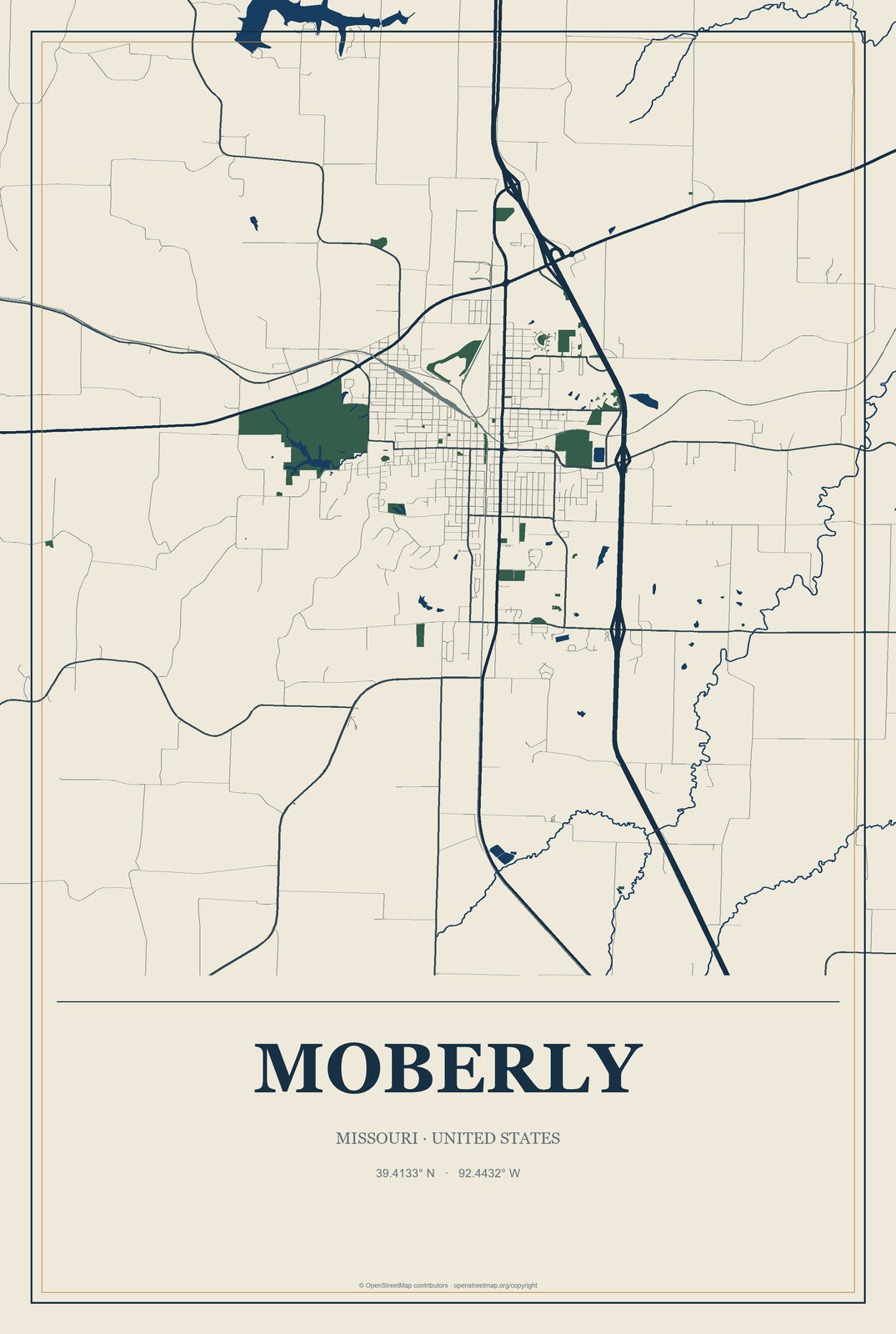 Moberly, Missouri City Map Aluminum Sign in Coastal Cutout style