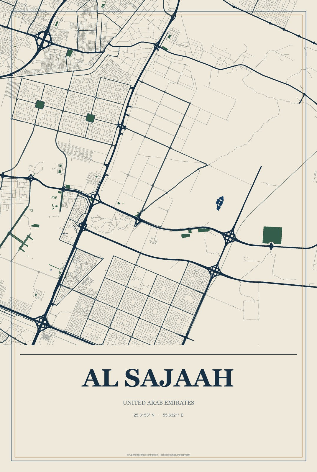 Al Sajaah, United Arab Emirates City Map Aluminum Sign in Coastal Cutout style