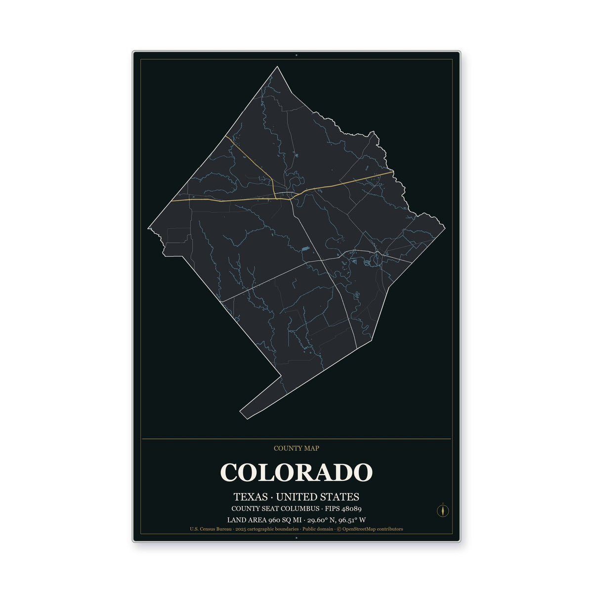 Colorado County, Texas Map Aluminum Sign in Metropolitan Noir style