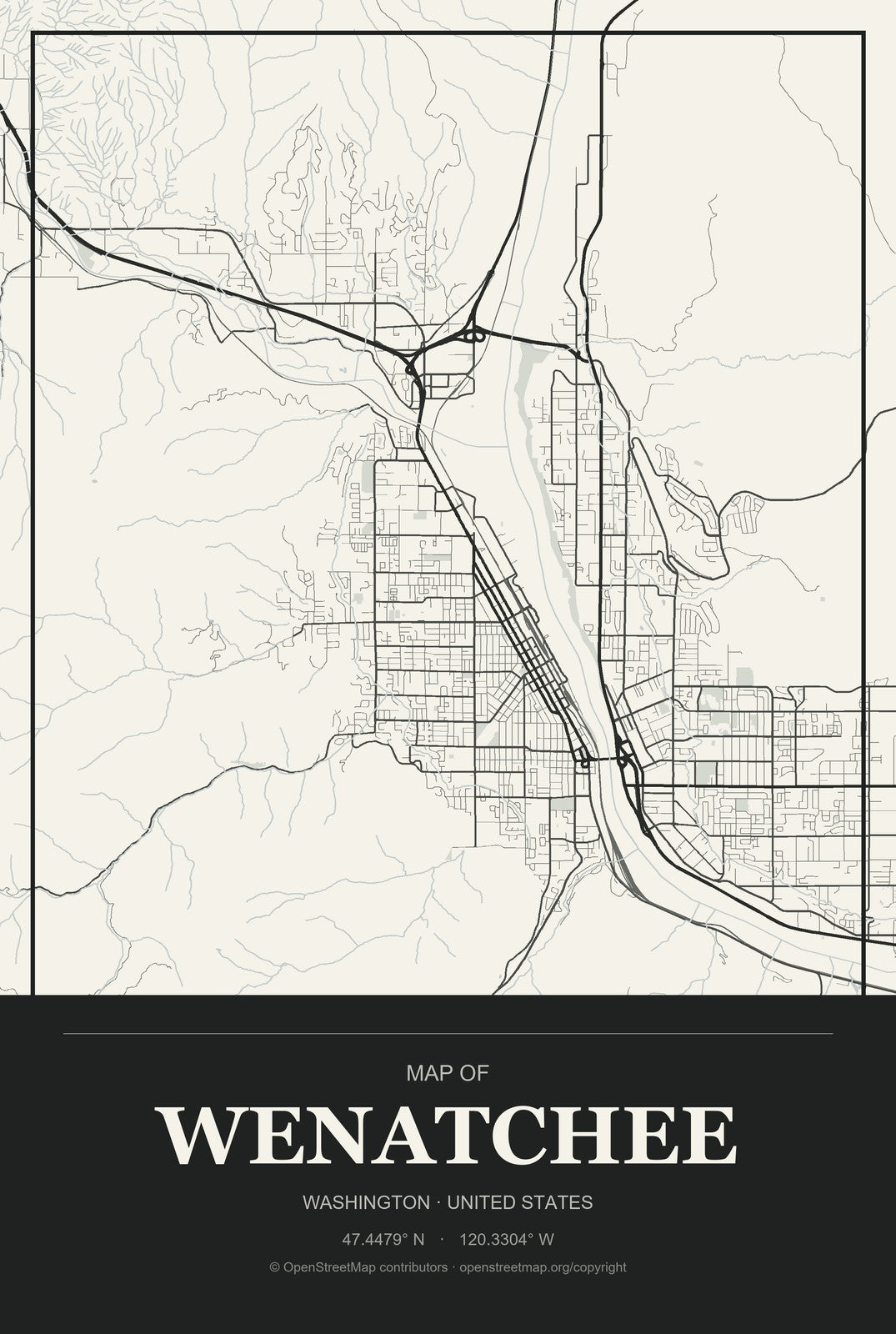 Wenatchee, Washington City Map Aluminum Sign in Museum Plaque style
