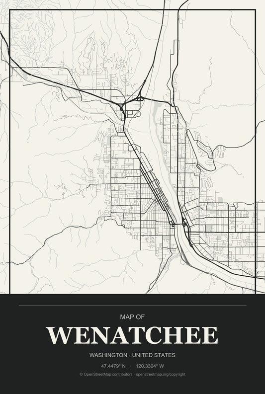 Wenatchee, Washington City Map Aluminum Sign in Museum Plaque style
