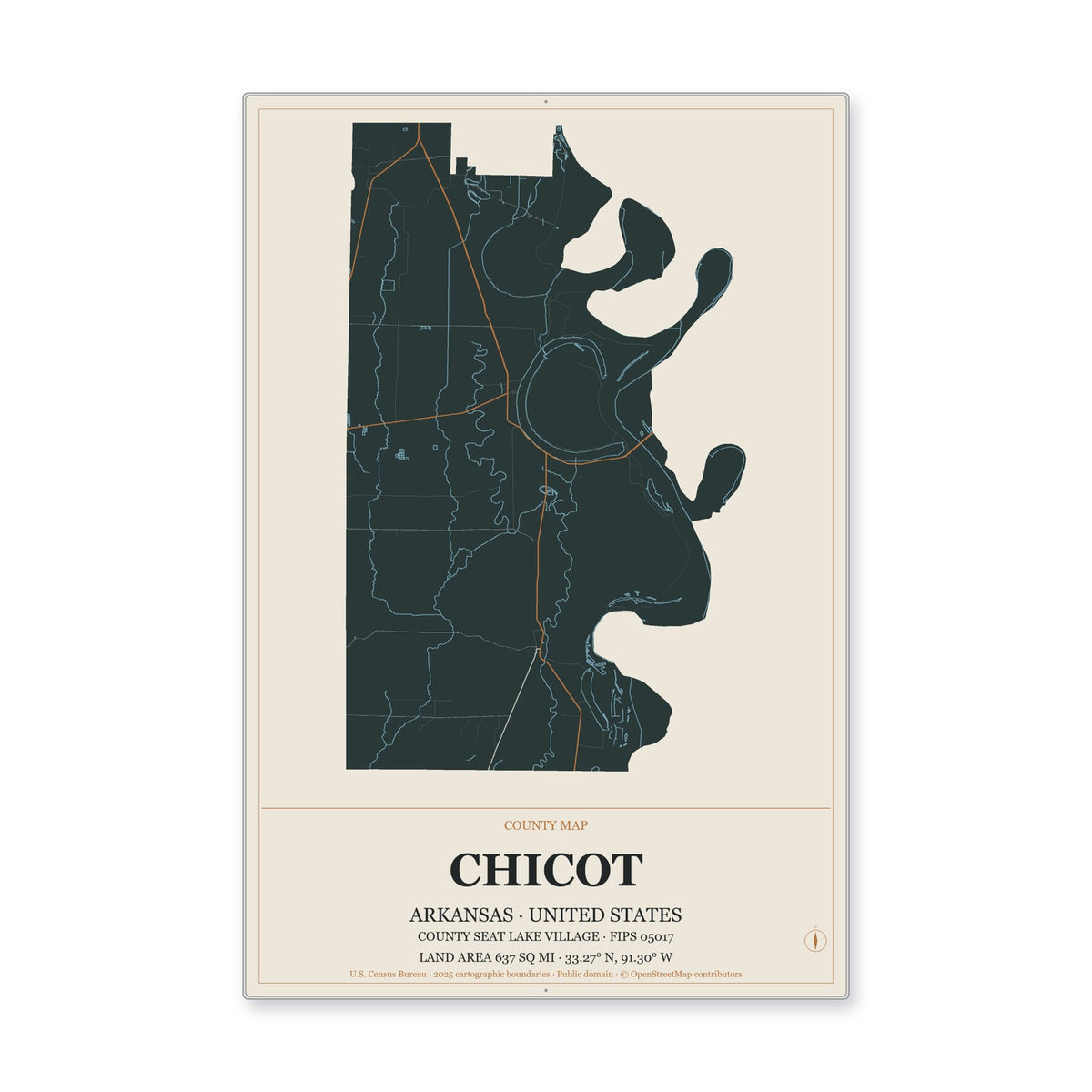 Chicot County, Arkansas Map Aluminum Sign in Headline Atlas style