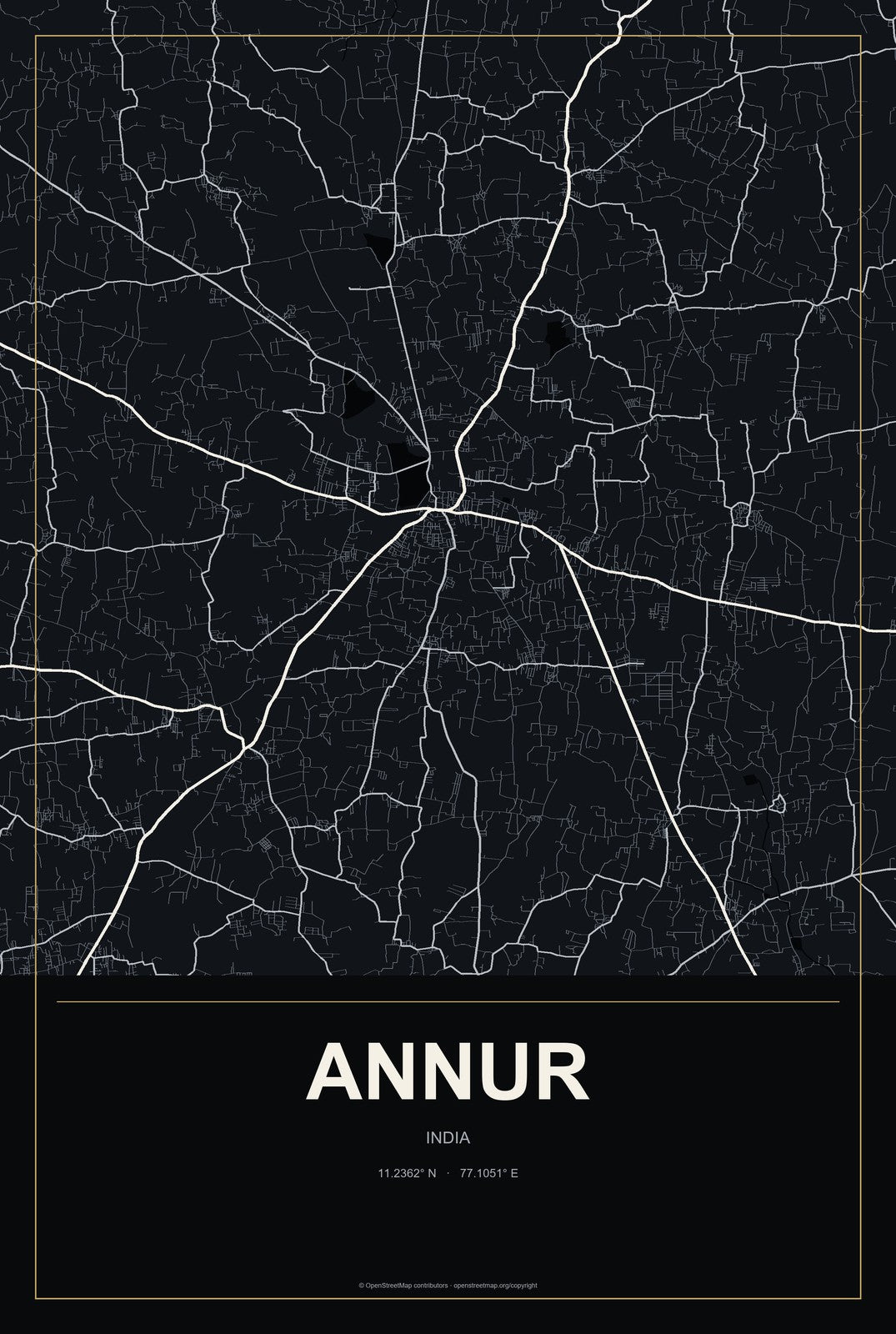 Annur, India City Map Aluminum Sign in Metropolitan Noir style