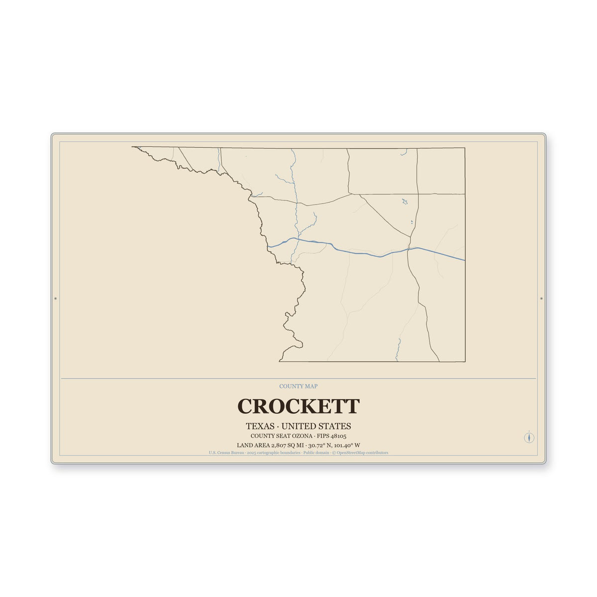 Crockett County, Texas Map Aluminum Sign in Heritage Nautical style