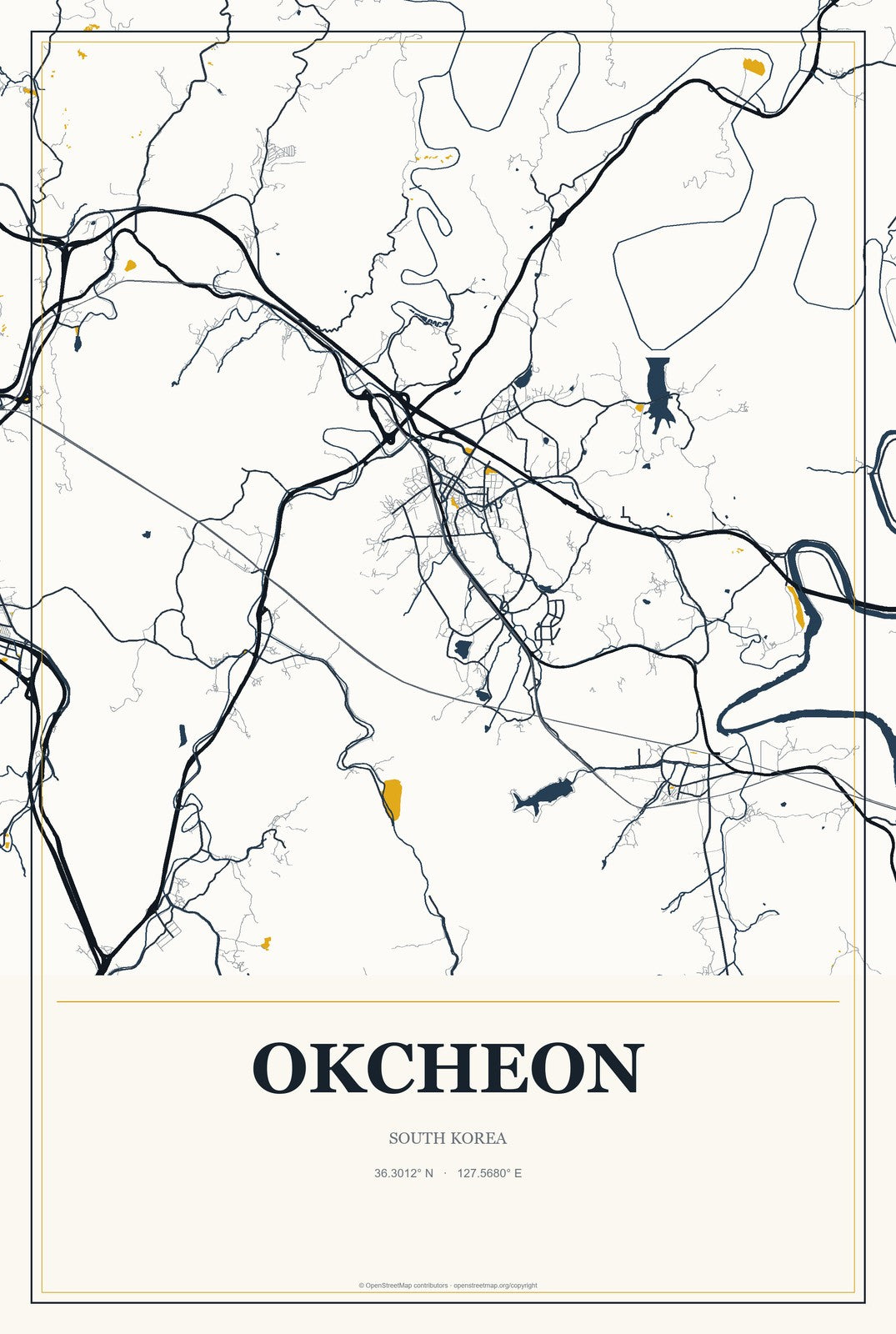 Okcheon, South Korea City Map Aluminum Sign in Citrine Modern style