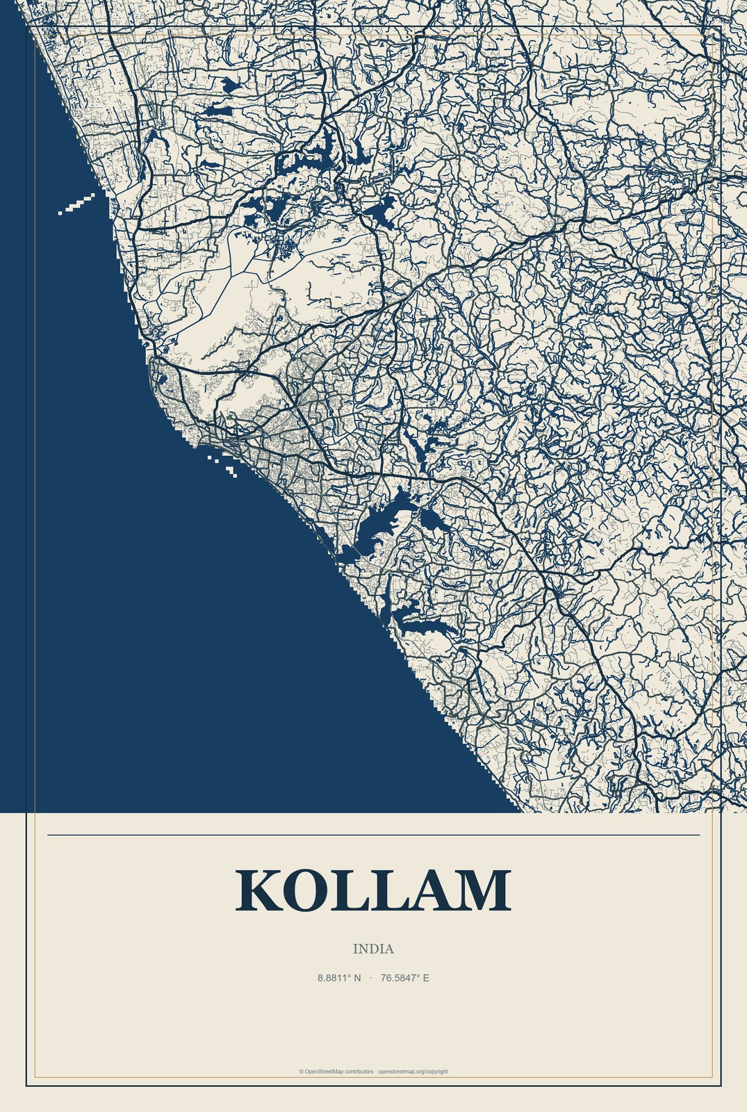 Kollam, India City Map Aluminum Sign in Coastal Cutout style
