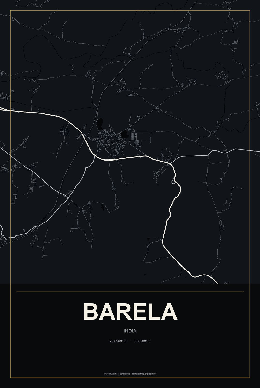 Barela, India City Map Aluminum Sign in Metropolitan Noir style