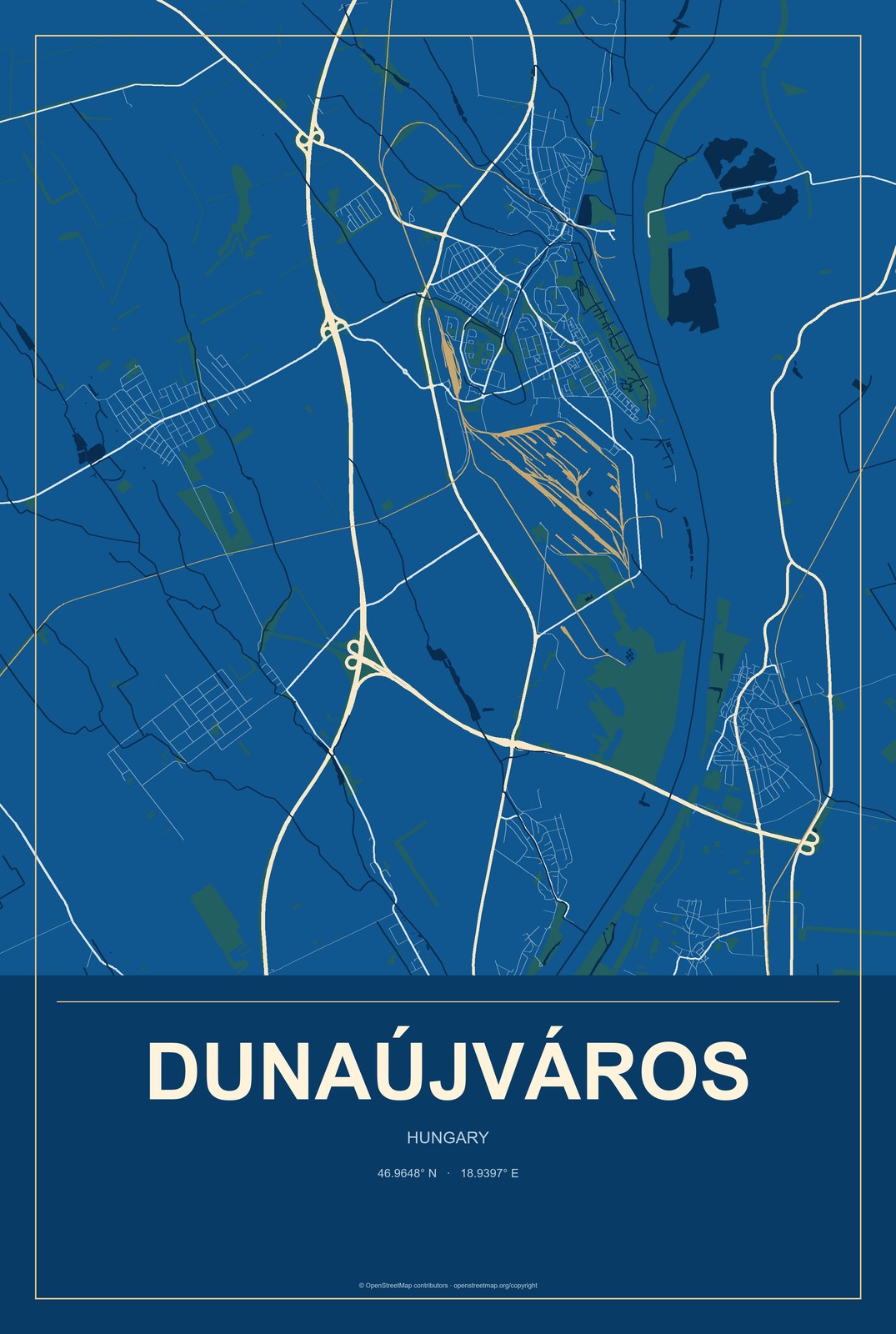 Dunaújváros, Hungary City Map Aluminum Sign in Harbor Cobalt style