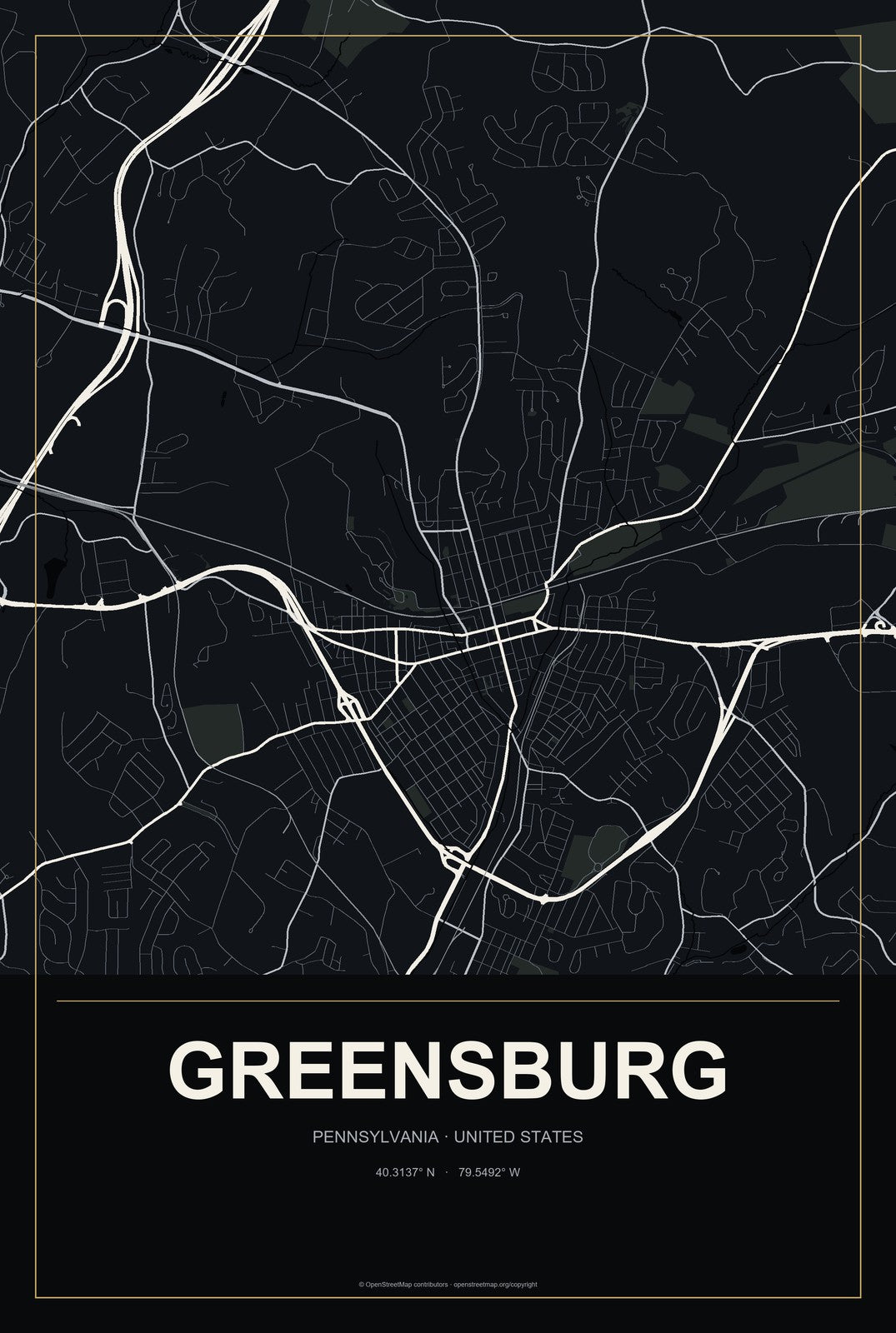 Greensburg, Pennsylvania City Map Aluminum Sign in Metropolitan Noir style