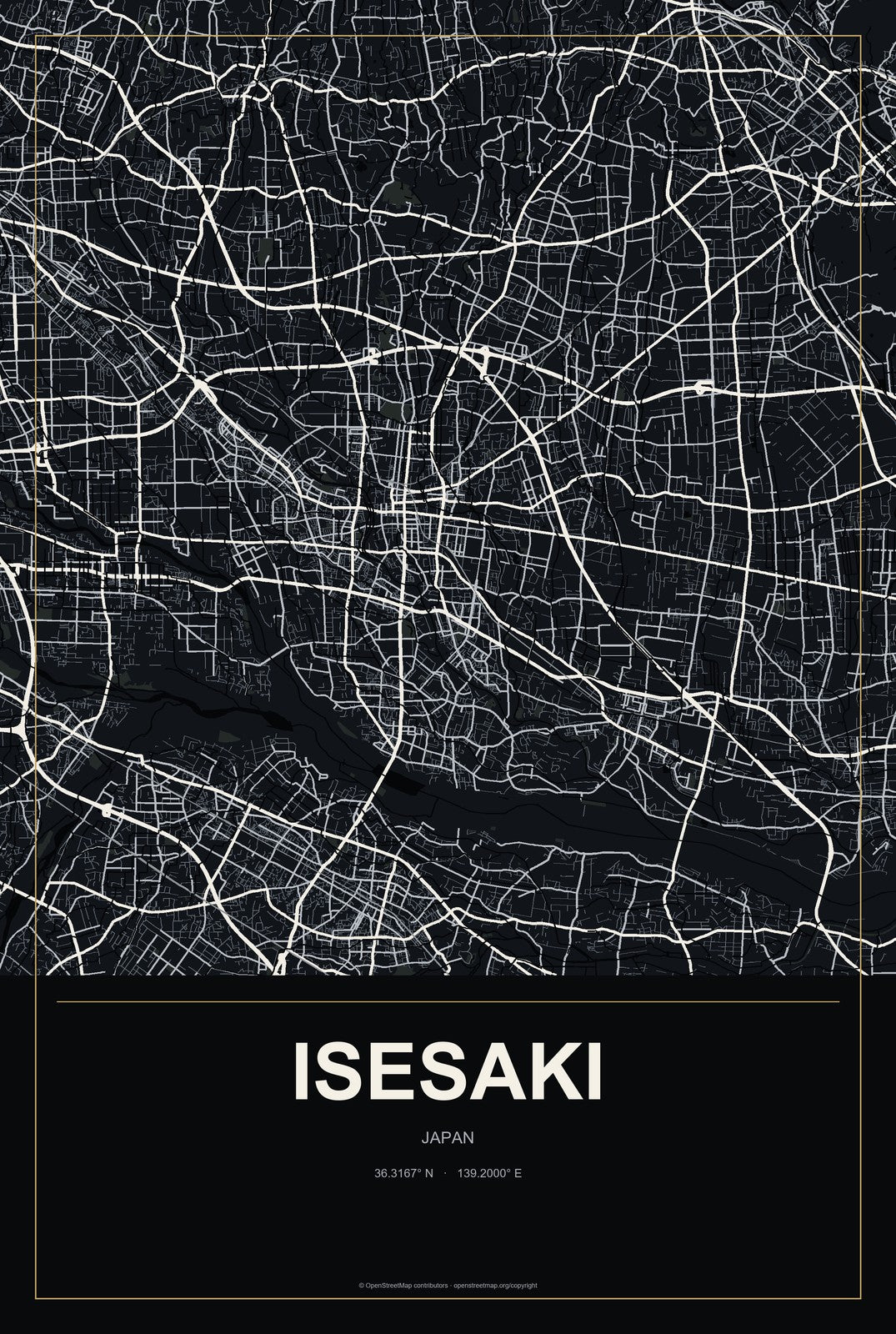 Isesaki, Japan City Map Aluminum Sign in Metropolitan Noir style