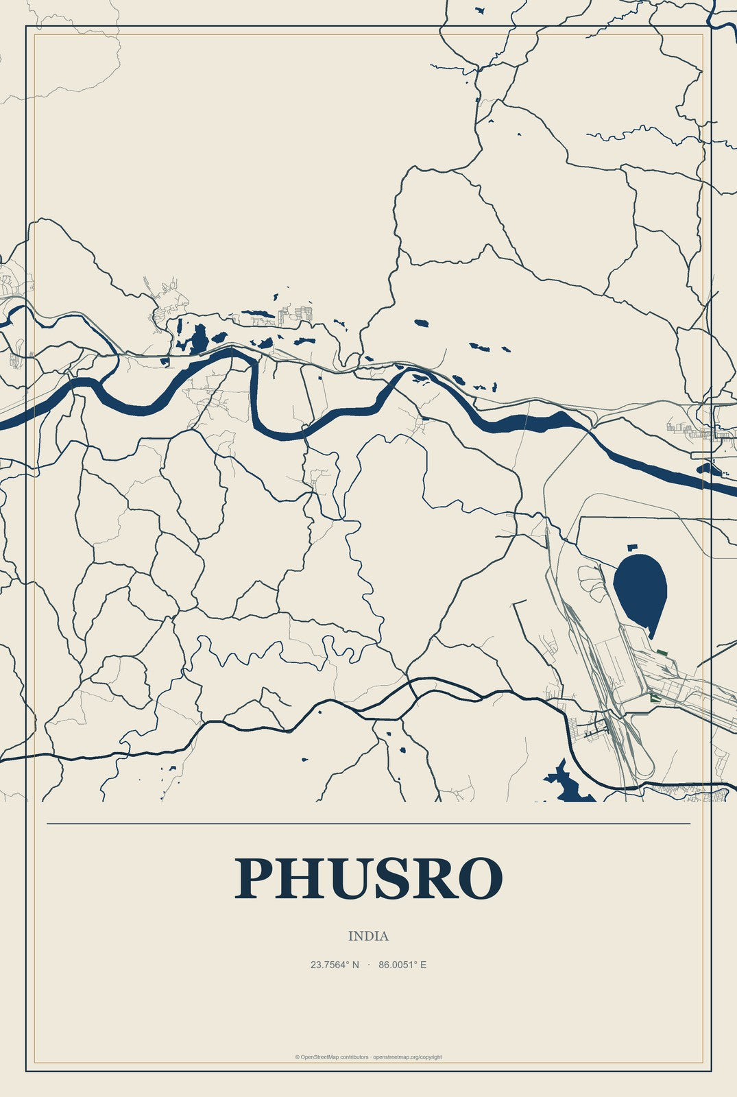 Phusro, India City Map Aluminum Sign in Coastal Cutout style