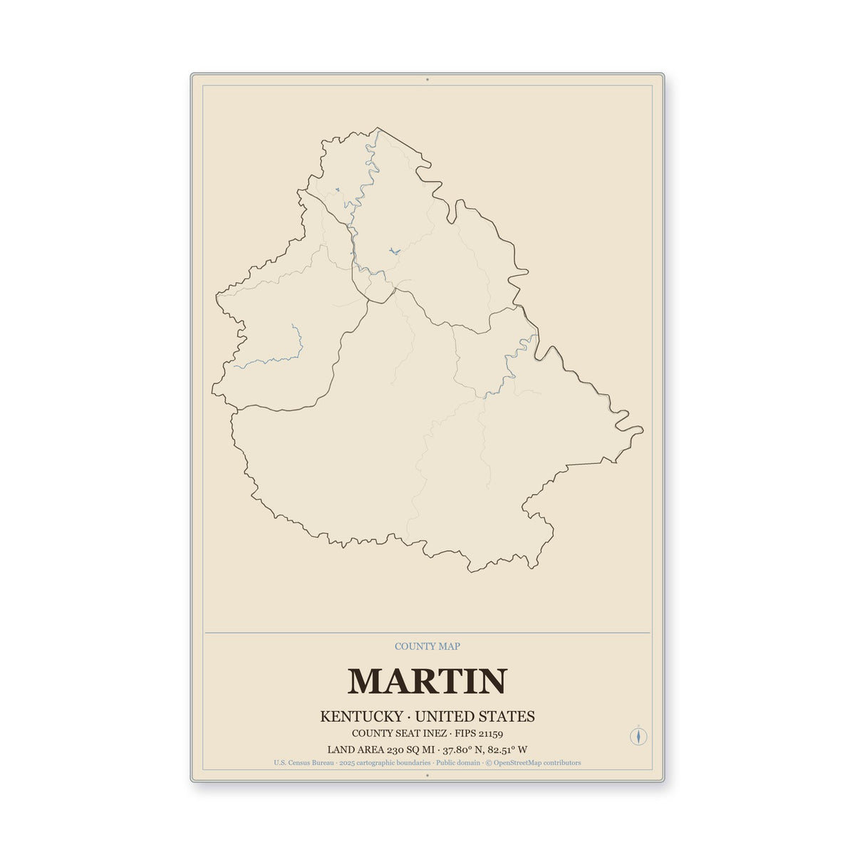 Martin County, Kentucky Map Aluminum Sign in Heritage Nautical style