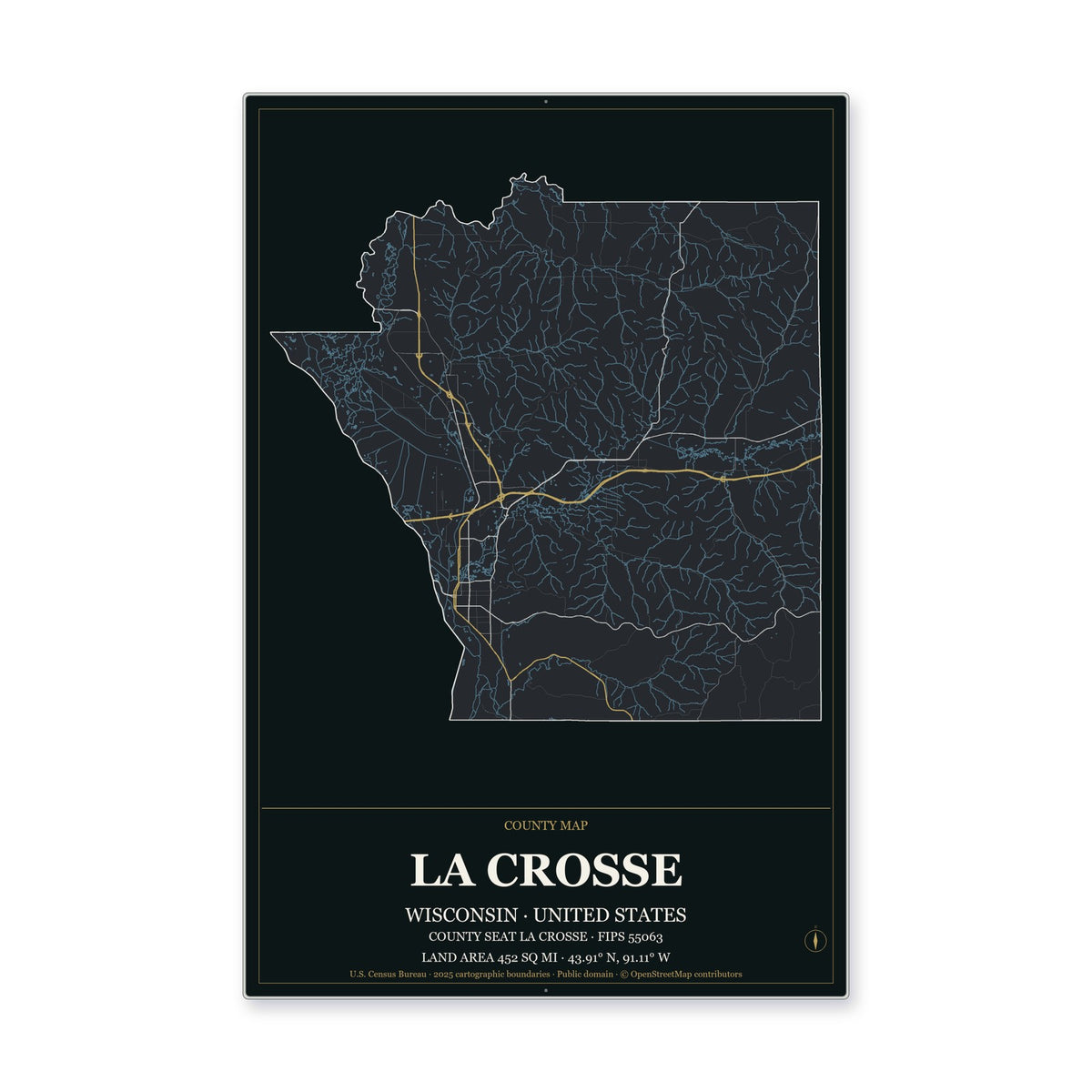 La Crosse County, Wisconsin Map Aluminum Sign in Metropolitan Noir style