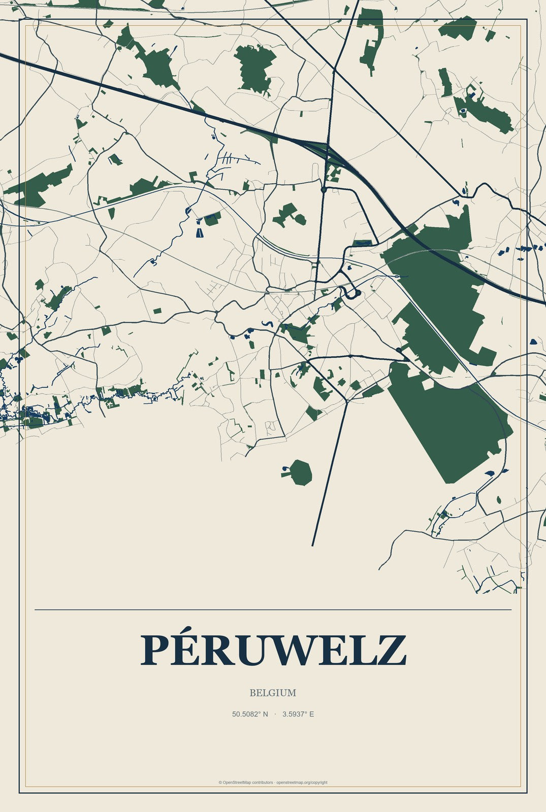 Péruwelz, Belgium City Map Aluminum Sign in Coastal Cutout style