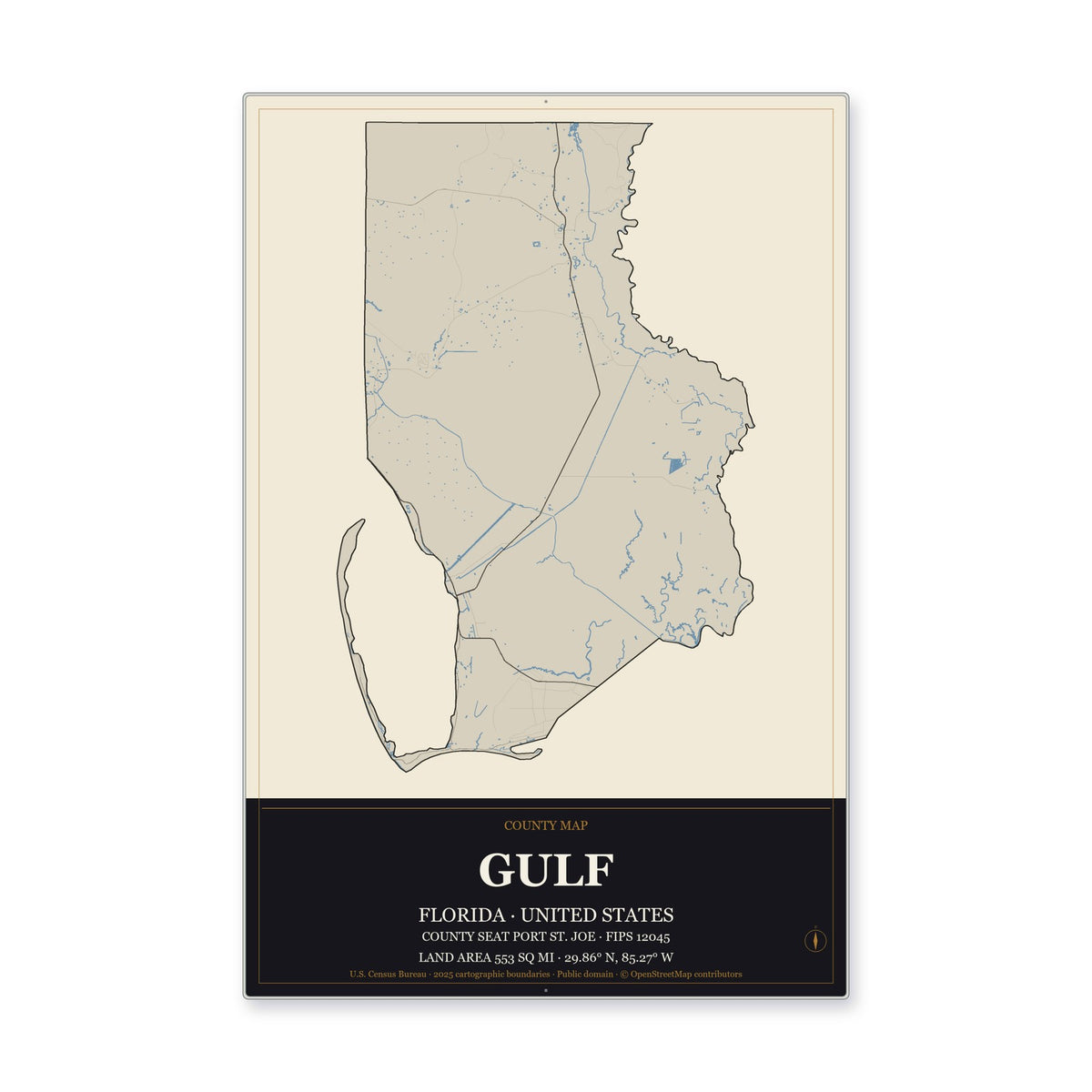 Gulf County, Florida Map Aluminum Sign in Museum Plaque style