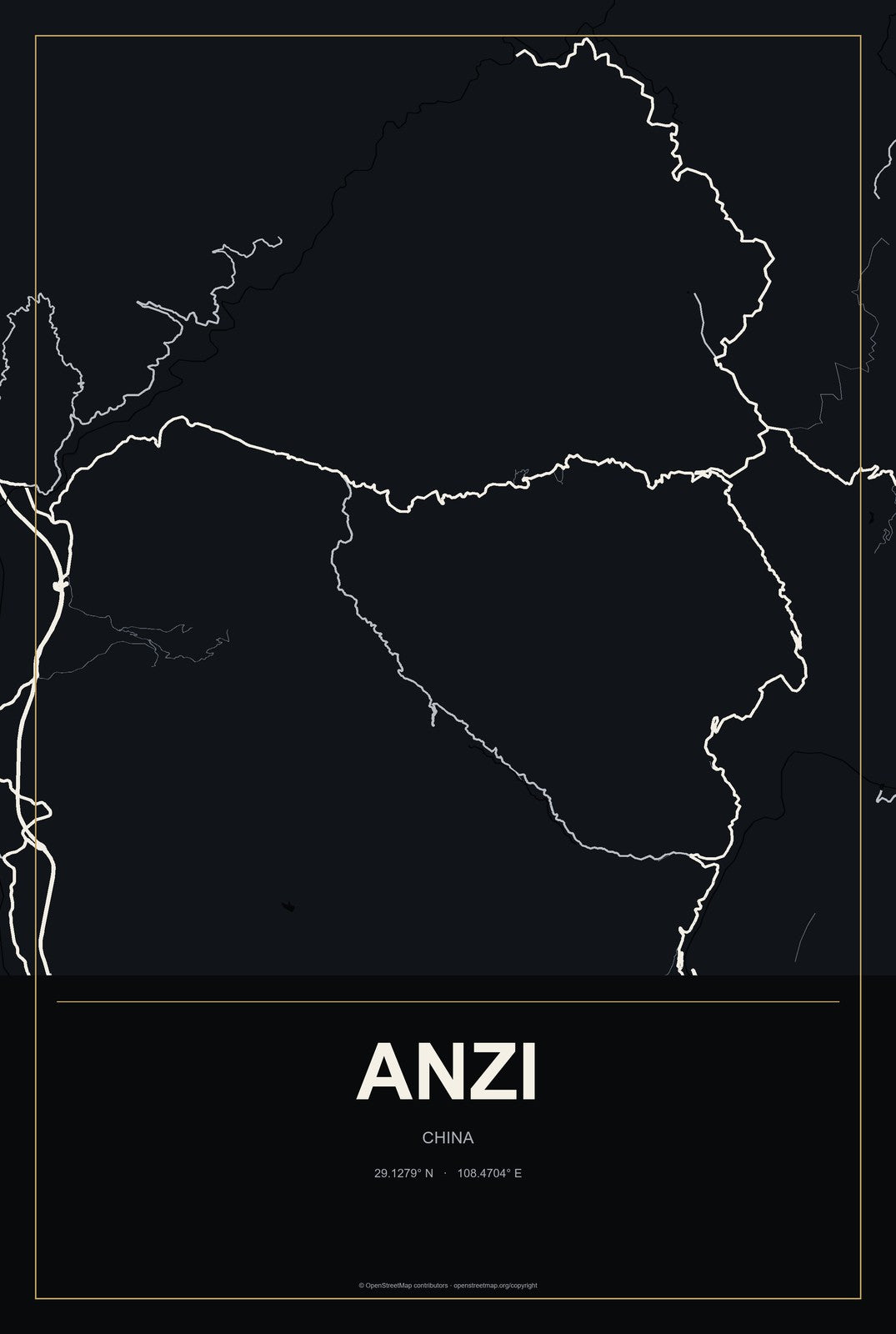 Anzi, China City Map Aluminum Sign in Metropolitan Noir style