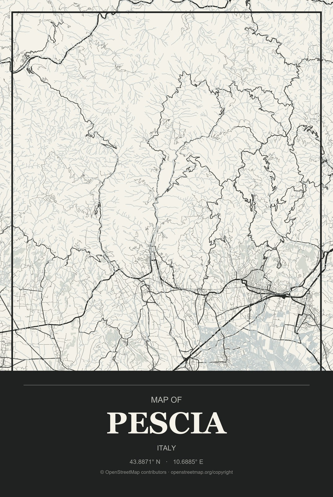Pescia, Italy City Map Aluminum Sign in Museum Plaque style